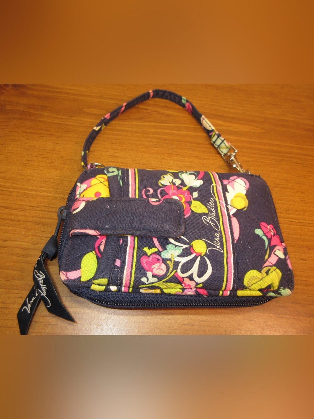 Vera Bradley Navy Floral Zip Wristlet with Pink & Yellow Accents